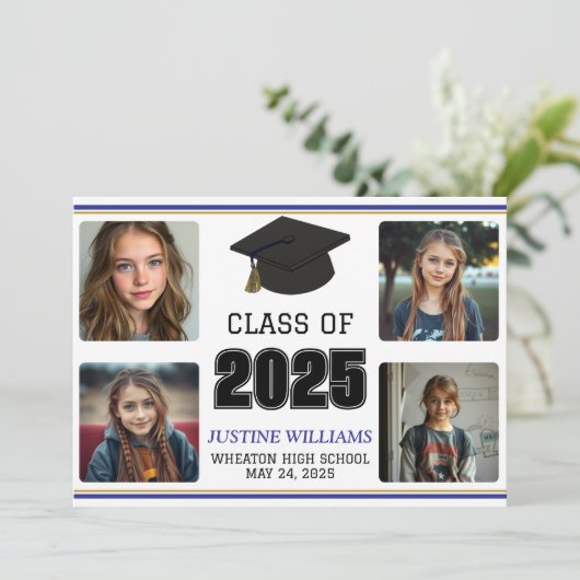 Aankondiging blauw en goudAfstuderen (Staand voorkant)