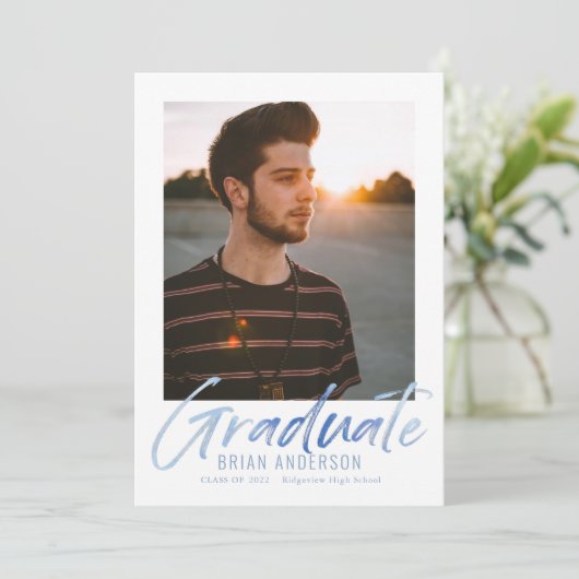 Aankondiging blauw handgeschreven foto-Afstuderen (Staand voorkant)