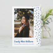 Aankondiging blauw wit Confetti Afstuderen (Staand voorkant)