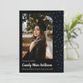 Aankondiging blauw zwart Confetti Afstuderen (Staand voorkant)