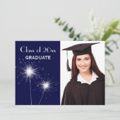 Aankondiging blauwe foto Sparkler Afstuderen (Staand voorkant)