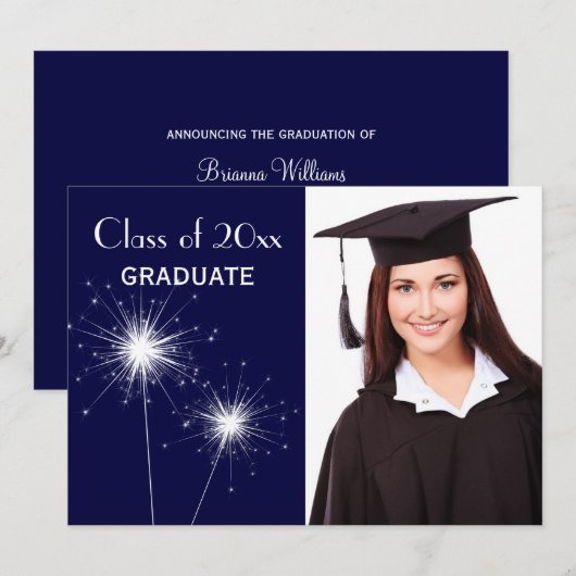 Aankondiging blauwe foto Sparkler Afstuderen (Voorkant / Achterkant)