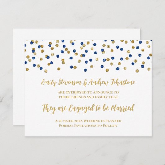 Aankondiging blauwe goudConfetti Verloving (Voorkant / Achterkant)