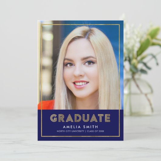 Aankondiging blauwe gouden geometrische foto-Afstu (Staand voorkant)