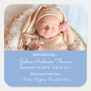 Aankondiging blauwe pasgeboren foto geboortedatum  vierkante sticker
