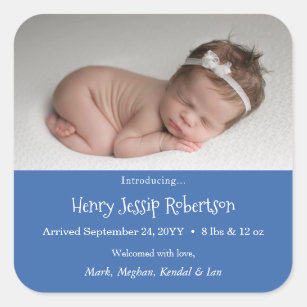 Aankondiging blauwe pasgeboren foto geboortedatum  vierkante sticker