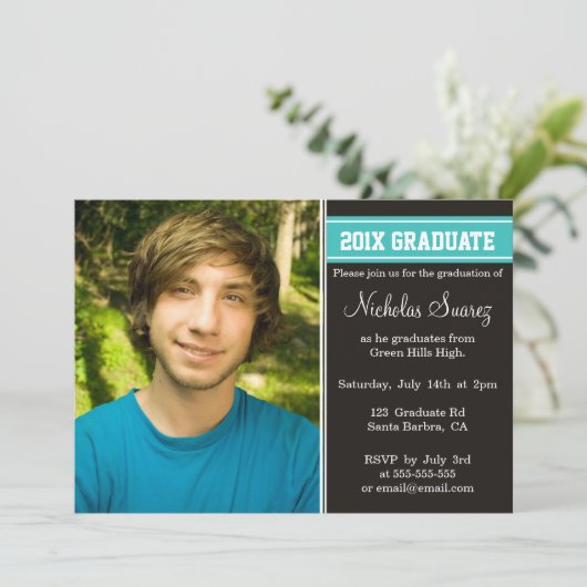 Aankondiging Blauwgroen afstuderen zwart en Turquo (Staand voorkant)