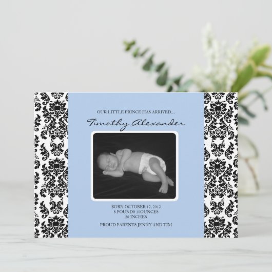 Aankondiging Damask Blue Birth (Staand voorkant)