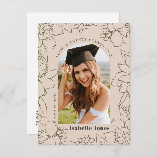 Aankondiging Floral Arch Tan Photo Afstuderen (Voorkant / Achterkant)