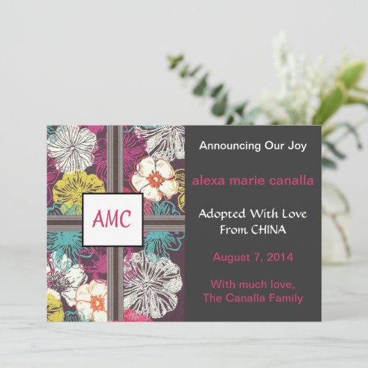 Aankondiging Floral Monogrammed Adoption (Staand voorkant)