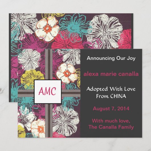 Aankondiging Floral Monogrammed Adoption (Voorkant / Achterkant)