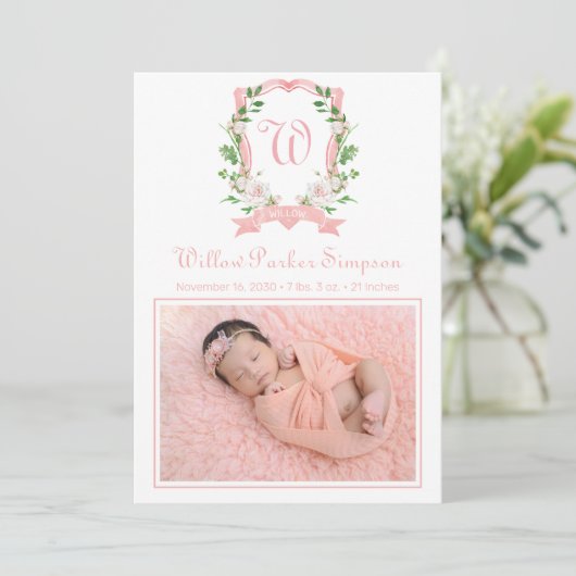 Aankondiging Floral Monogrammed Crest Birth (Staand voorkant)