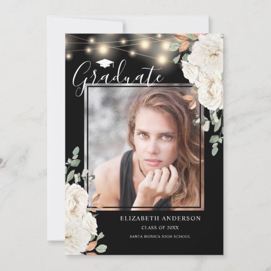 Aankondiging Floral Photo Black Afstuderen (Voorkant)