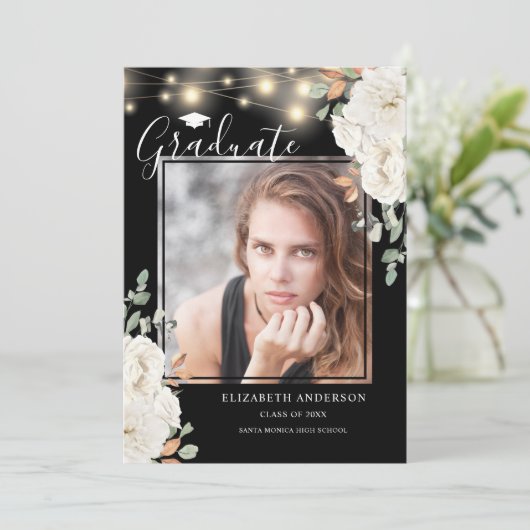 Aankondiging Floral Photo Black Afstuderen (Staand voorkant)
