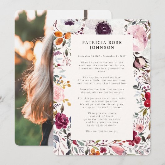 Aankondiging Floral Photo Funeral Memorial Poem (Voorkant / Achterkant)