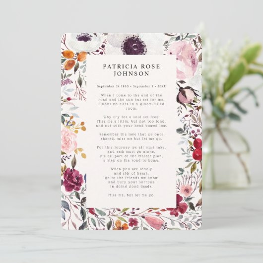 Aankondiging Floral Photo Funeral Memorial Poem (Staand voorkant)