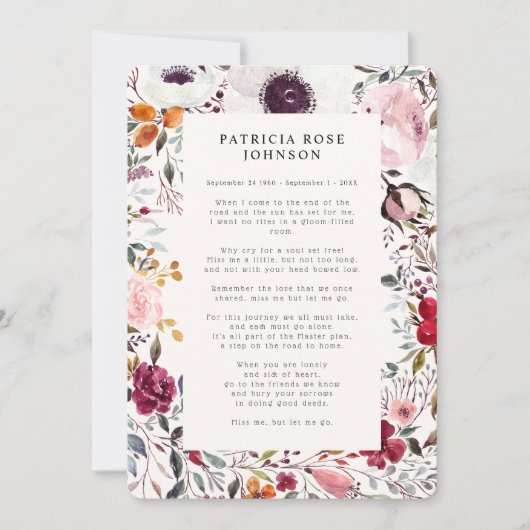 Aankondiging Floral Photo Funeral Memorial Poem (Voorkant)