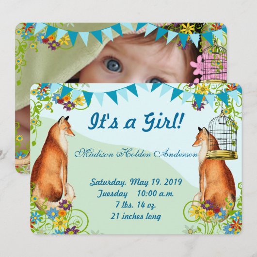 Aankondiging  Fox Bunting Garden Baby Girl (Voorkant / Achterkant)