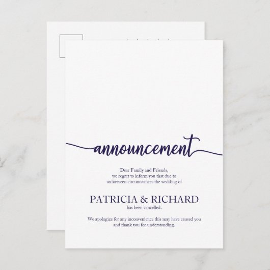 Aankondiging geannuleerd bruiloft blauw marineschr briefkaart (Voorkant / Achterkant)