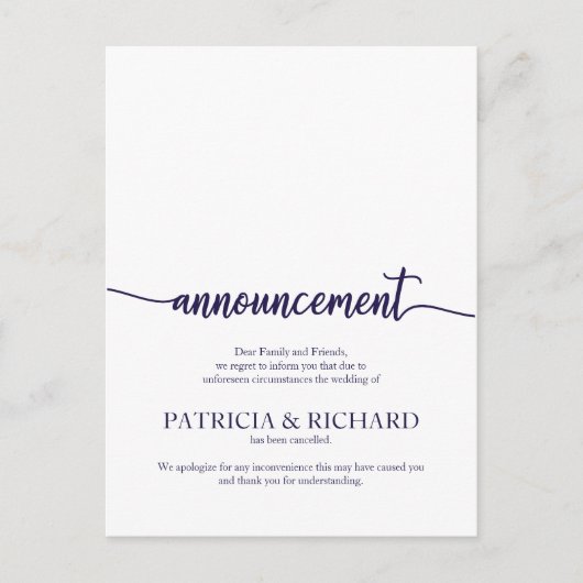 Aankondiging geannuleerd bruiloft blauw marineschr briefkaart (Voorkant)