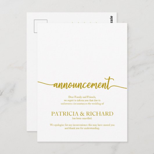 Aankondiging geannuleerd bruiloft Elegant Gold Scr Briefkaart (Voorkant / Achterkant)