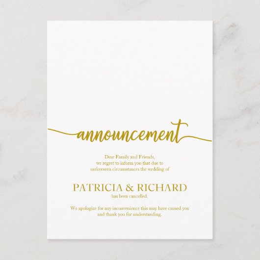 Aankondiging geannuleerd bruiloft Elegant Gold Scr Briefkaart (Voorkant)