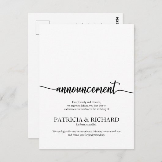 Aankondiging geannuleerd bruiloft legante kalligra briefkaart (Voorkant / Achterkant)