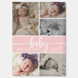 Aankondiging geboorte baby 5 foto collage roze magneet