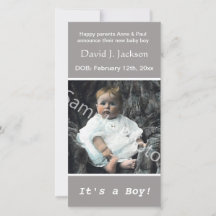 aankondiging geboorte baby grijs. voeg uw foto toe