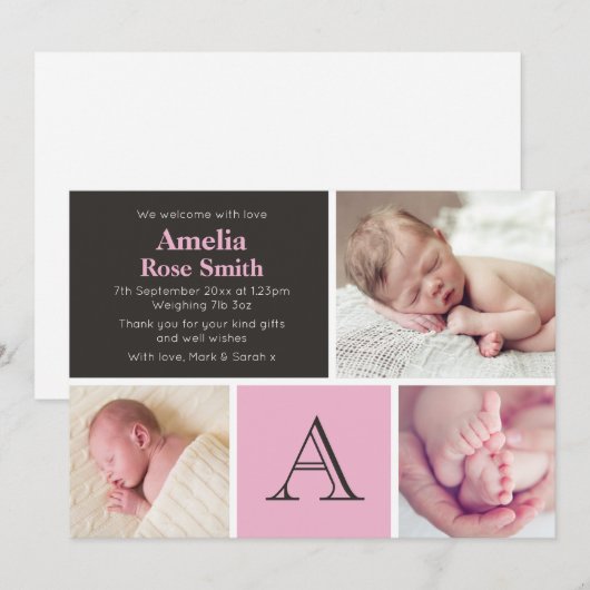 Aankondiging geboorte baby meisje/bedankkaart (Voorkant / Achterkant)