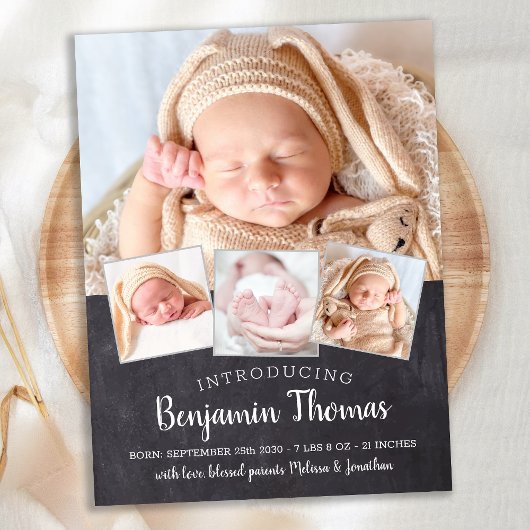 Aankondiging geboorte baby op krijtbord met 4 foto briefkaart