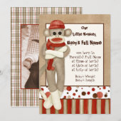 Aankondiging geboorte jongen met sokken aap (Voorkant / Achterkant)