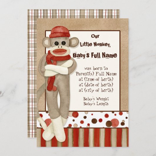 Aankondiging geboorte jongen met sokken aap (Voorkant / Achterkant)
