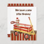 Aankondiging geboorte jongen met sokken aap, rode  (Voorkant / Achterkant)