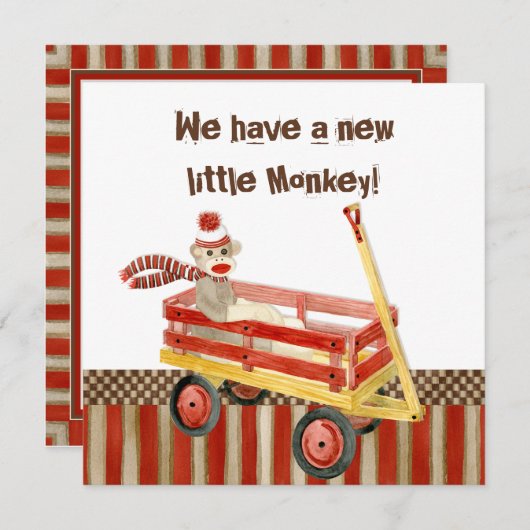 Aankondiging geboorte jongen met sokken aap, rode  (Voorkant / Achterkant)