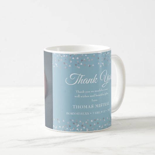 Aankondiging geboorte jongetje blauw bedankt koffiemok (Voorkant rechts)