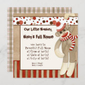 Aankondiging geboorte jongetje met sokken aap (Voorkant / Achterkant)