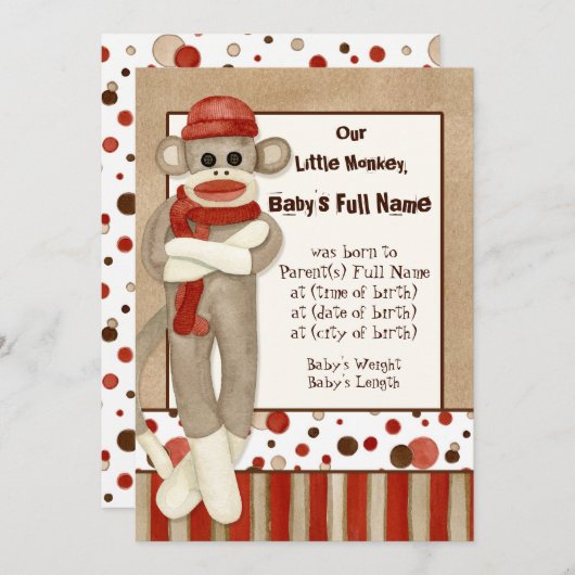 Aankondiging geboorte jongetje met sokken aap (Voorkant / Achterkant)