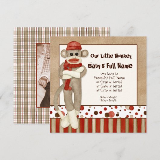 Aankondiging geboorte jongetje met sokken aapje (Voorkant / Achterkant)