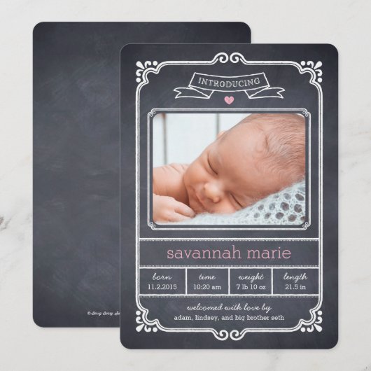 Aankondiging geboorte Lijst, gekalkt - Roze (Voorkant / Achterkant)