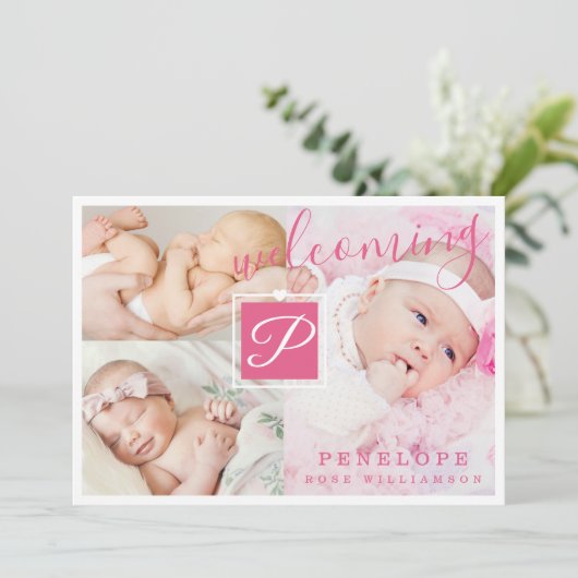Aankondiging geboorte - Meerdere foto's roze en wi (Staand voorkant)