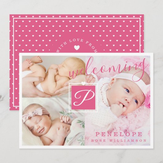 Aankondiging geboorte - Meerdere foto's roze en wi (Voorkant / Achterkant)