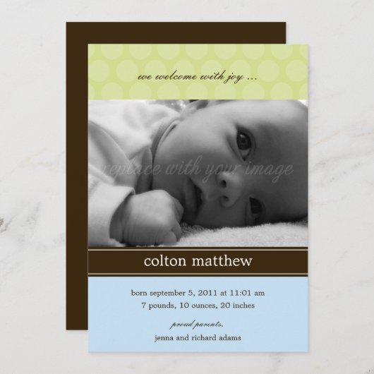 Aankondiging geboorte moderne Stippen - blauw (Voorkant / Achterkant)