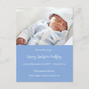 Aankondiging geboorte pasgeboren baby foto blauw