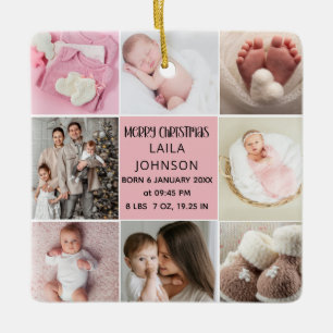 Aankondiging geboorte Personaliseer 8 Foto kerst Keramisch Ornament