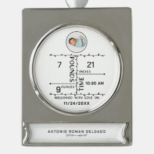 Aankondiging Geboorte Statistieken Baby Foto Verzilverd Banner Ornament