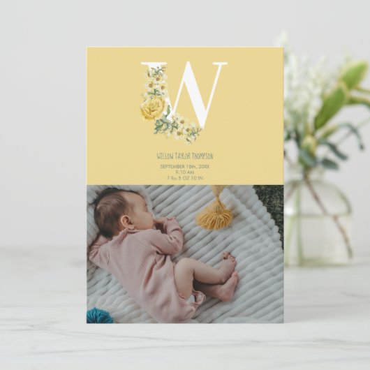 Aankondiging geboorte van gele bloemen geboorte St (Staand voorkant)