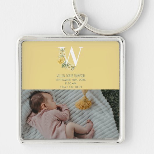 Aankondiging geboorte van gele bloemen geboorte St Sleutelhanger (Voorkant)
