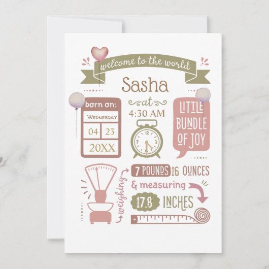 Aankondiging Geboortestatistieken Roze Baby (Voorkant)