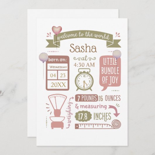 Aankondiging Geboortestatistieken Roze Baby (Voorkant / Achterkant)